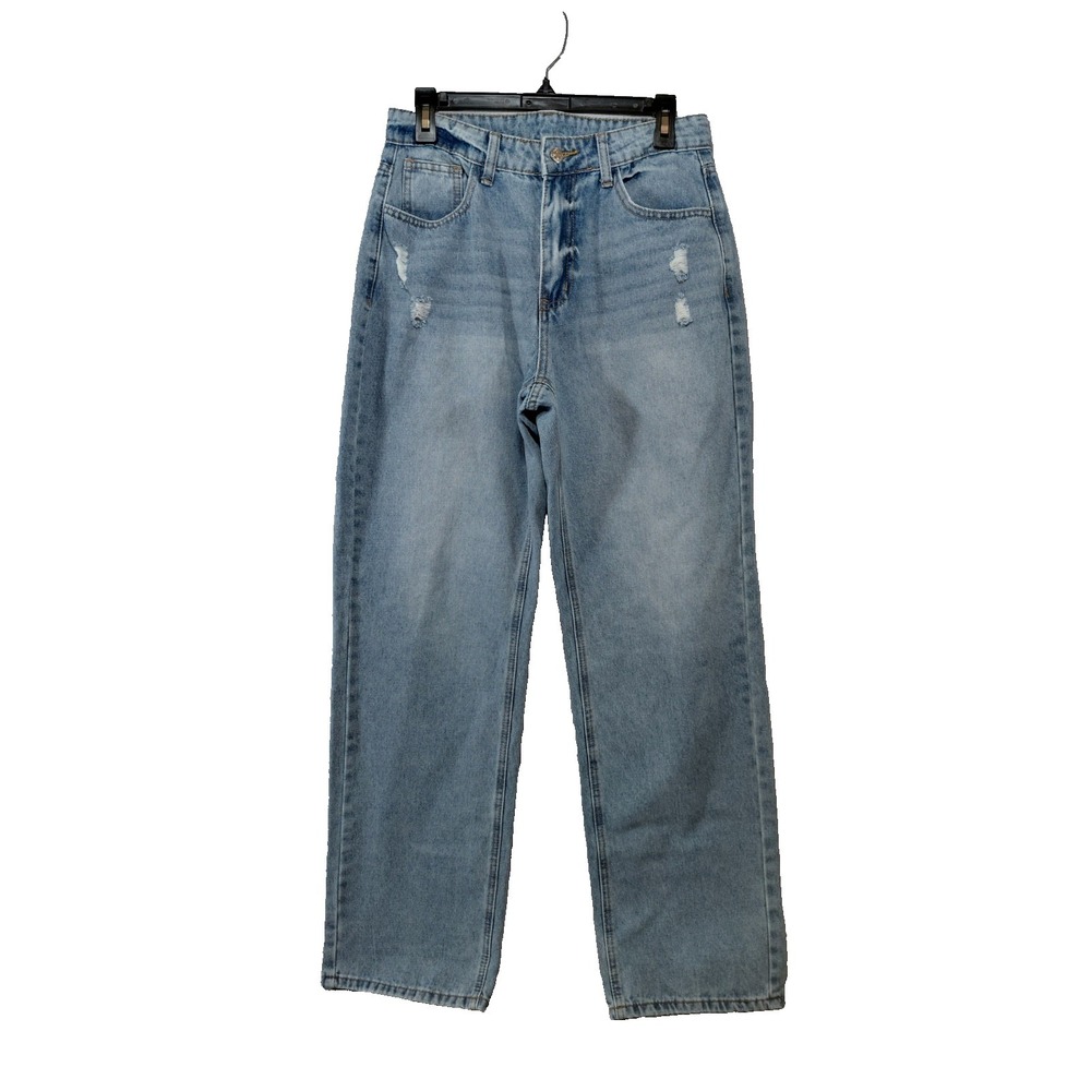 Shein Straight Wide Leg Jeans Women's Sz 30 Distressed High Rise Light‎ Wash